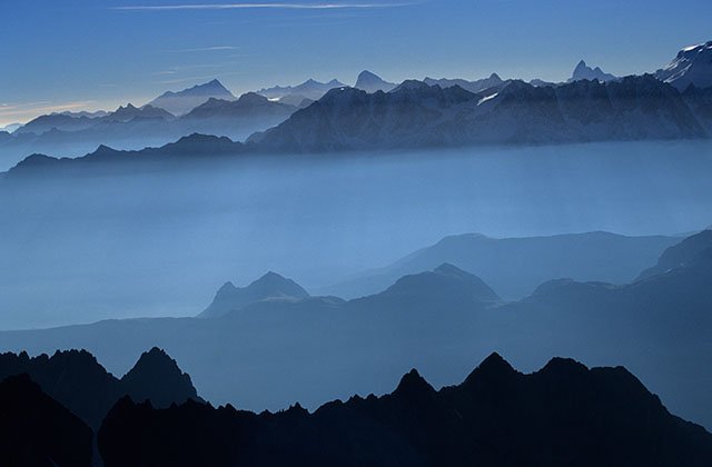 Blue dawn on the Swiss Alps