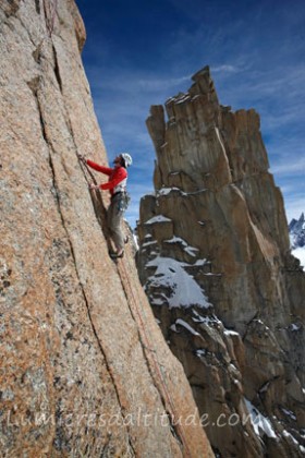 ROCK CLIMBING ON THE CHANDELLE DU TACUL, MASSIF DU MONT-BLANC, HAUTE-SAVOIE, FRANCE