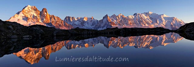 MASSIF DU MONT-BLANC AT SUNRISE FROM CHESERYS LAKE, HAUTE SAVOIE, FRANCE