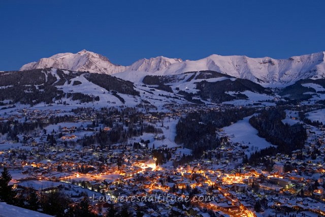 VILLAGE OF MEGEVE AT SUNRISE, HAUTE-SAVOIE, FRANCE