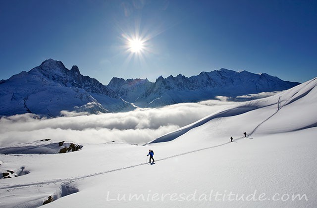 ski de randonnee vers le lac Blanc, Massif du Mont-Blanc, Haute-savoie, France