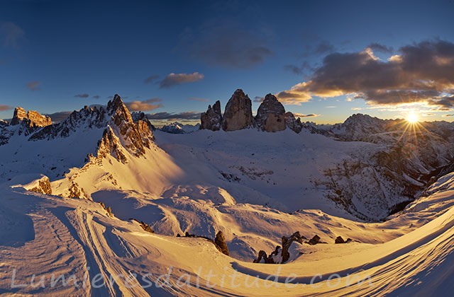 Les Tre Cime di Lavaredo au couchant, Dolomites